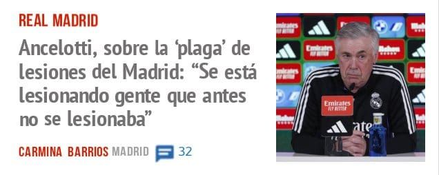 REAL MADRID. Ancelotti, sobre la 'plaga' de lesiones del Madrid: "Se está lesionando gente que antes no se lesionaba"