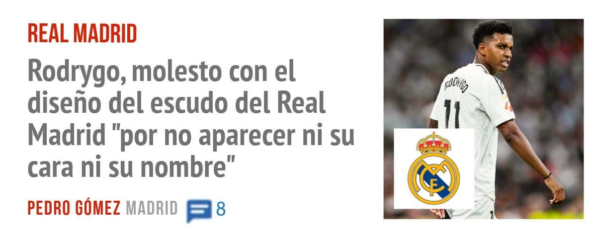 REAL MADRID. Rodrygo, molesto con el diseño del escudo del Real Madrid "por no aparecer ni su cara ni su nombre"