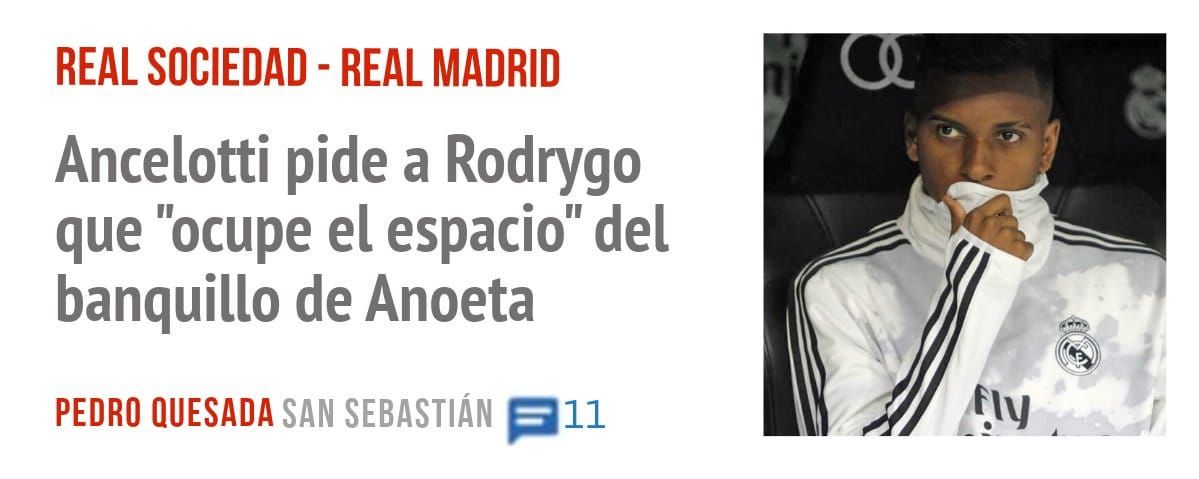 REAL SOCIEDAD - REAL MADRID. Ancelotti pide a Rodrygo que "ocupe el espacio" del banquillo de Anoeta