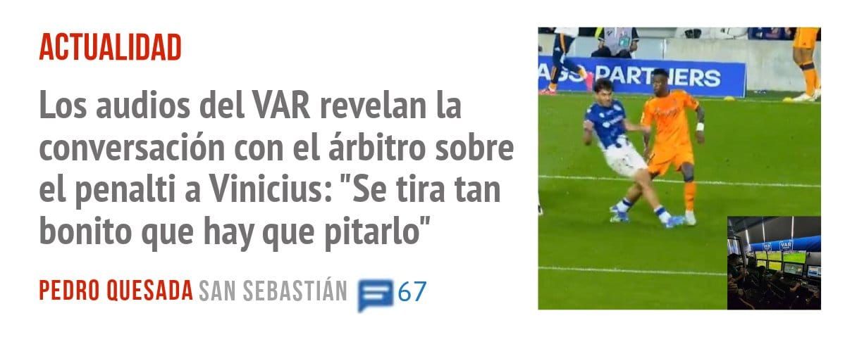 ACTUALIDAD. Los audios del VAR revelan la conversación con el árbitro sobre el penalti a Vinicius: "Se tira tan bonito que hay que pitarlo"