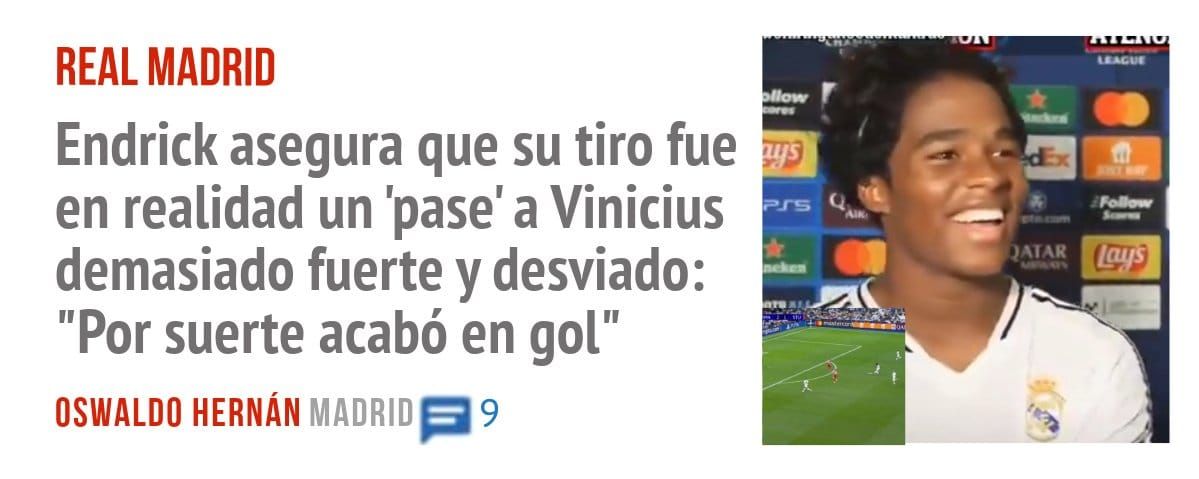 REAL MADRID. Endrick asegura que su tiro fue en realidad un 'pase' a Vinicius demasiado fuerte y desviado: "Por suerte acabó en gol"