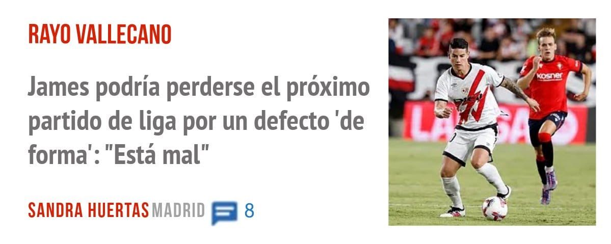 RAYO VALLECANO. James podría perderse el próximo partido de Liga por un defecto 'de forma': "Está mal"