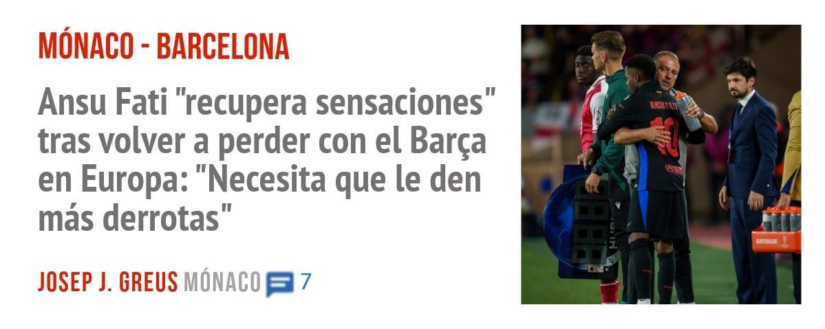 MÓNACO - BARCELONA. Ansu Fati "recupera sensaciones" tras volver a perder con el Barça en Europa: "Necesita que le den más derrotas"