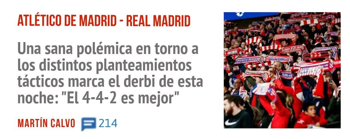 ATLÉTICO DE MADRID - REAL MADRID. Una sana polémica en torno a los distintos planteamientos tácticos marca el derbi de esta noche: "El 4-4-2 es mejor"