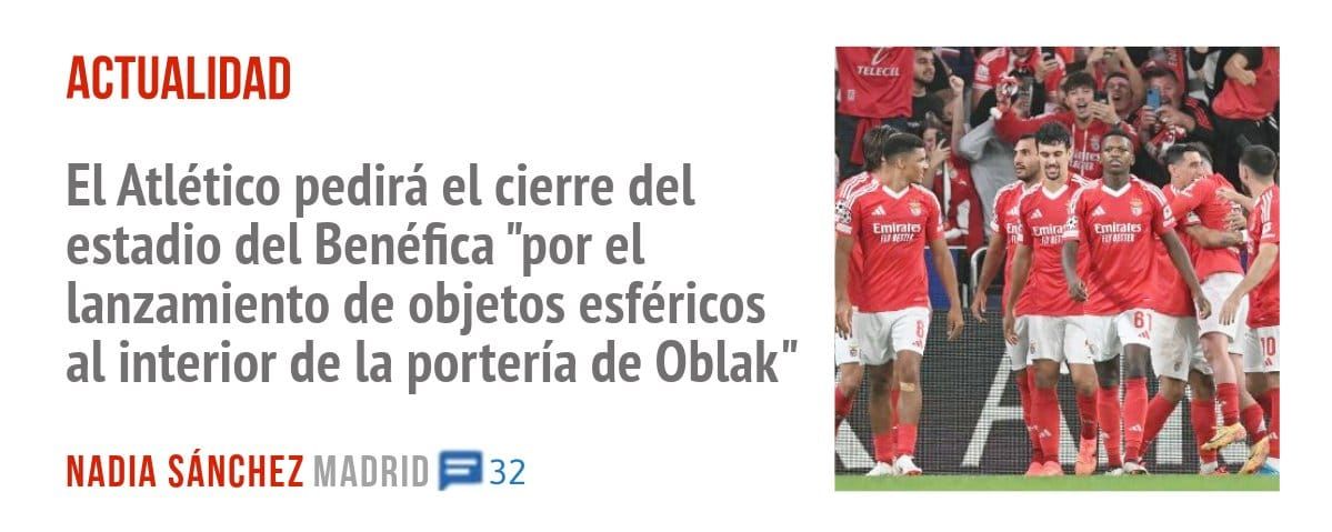ACTUALIDAD. El Atlético pedirá el cierre del estadio del Benéfica "por el lanzamiento de objetos esféricos al interior de la portería de Oblak"
