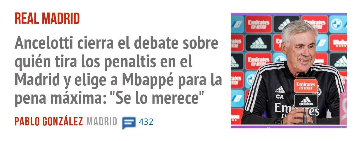 REAL MADRID. Ancelotti cierra el debate sobre quién tira los penaltis en el Madrid y elige a Mbappé para la pena máxima: "Se 10 merece"