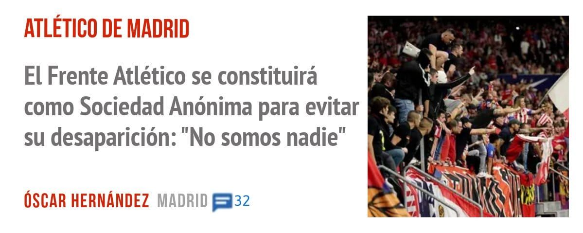 ATLÉTICO DE MADRID. El Frente Atlético se constituirá como Sociedad Anónima para evitar su desaparición: "No somos nadie"