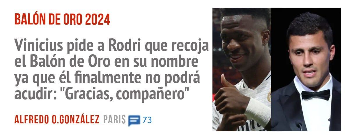 BALÓN DE ORO 2024. Vinicius pide a Rodri que recoja el Balón de Oro en su nombre ya que él finalmente no podrá acudir: "Gracias, compañero"