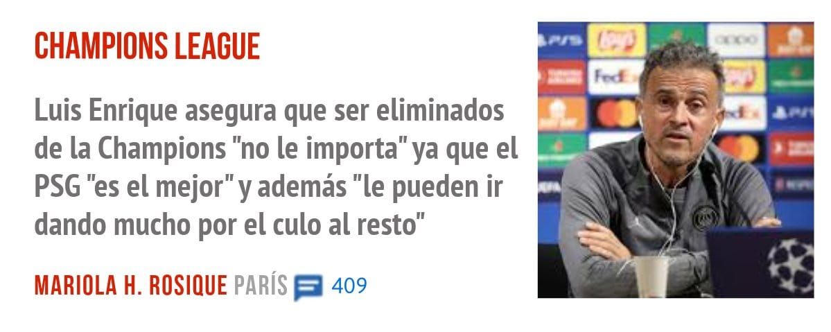 CHAMPIONS LEAGUE. Luis Enrique asegura que ser eliminados de la Champions "no le importa" ya que el PSG "es el mejor" y además "le pueden ir dando mucho por el culo al resto"