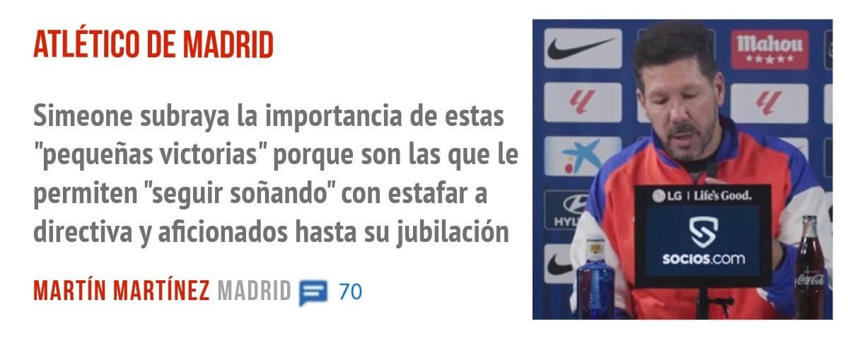 ATLÉTICO DE MADRID. Simeone subraya la importancia de estas "pequeñas victorias" porque son las que le permiten "seguir soñando" con estafar a directiva y aficionados hasta su jubilación