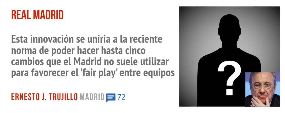 REAL MADRID. Esta innovación se uniría a la reciente norma de poder hacer hasta cinco cambios que el Madrid no suele utilizar para favorecer el 'fair play' entre equipos