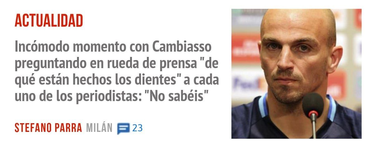 ACTUALIDAD. Incómodo momento con Cambiasso preguntando en rueda de prensa "de qué están hechos los dientes" a cada uno de los periodistas: "No sabéis"