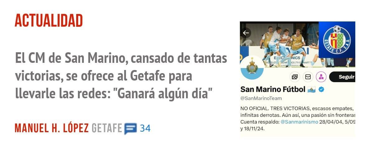 ACTUALIDAD. El CM de San Marino, cansado de tantas victorias, se ofrece al Getafe para llevarle las redes: "Ganará algún día"