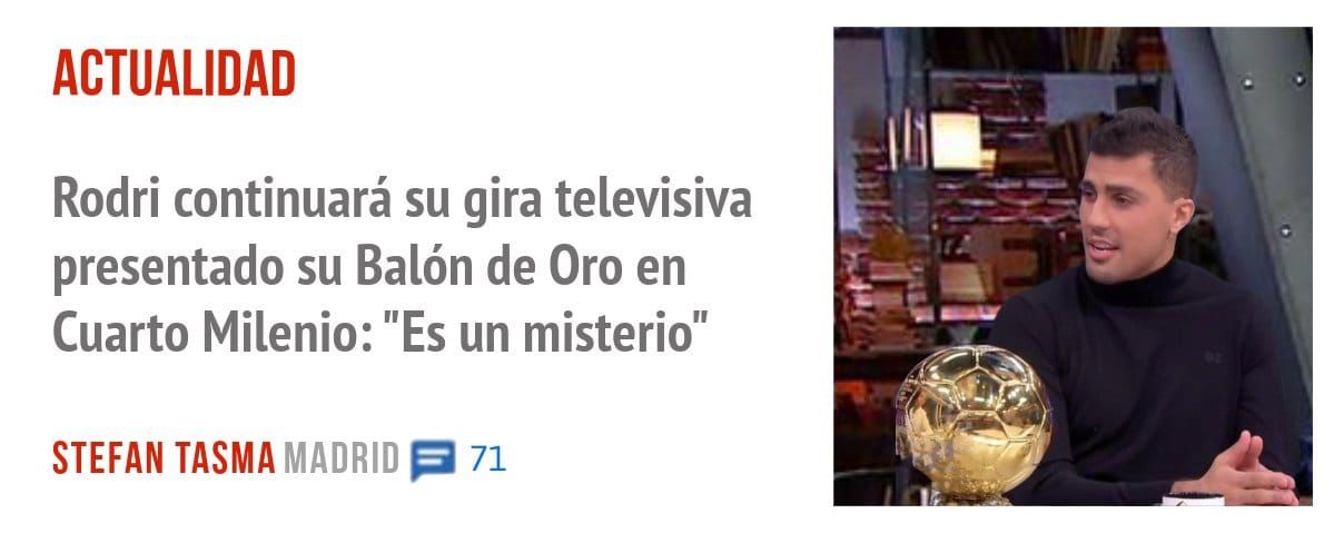 ACTUALIDAD. Rodri continuará su gira televisiva presentado su Balón de Oro en Cuarto Milenio: "Es un misterio"