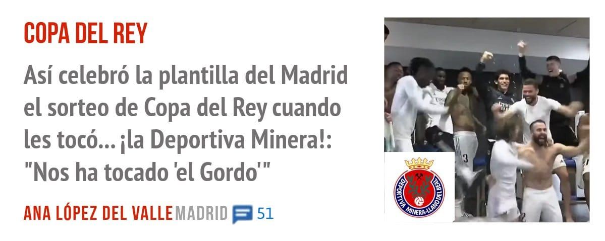 COPA DEL REY. Así celebró la plantilla del Madrid el sorteo de Copa del Rey cuando les tocó... ila Deportiva Minera!: "Nos ha tocado 'el Gordo"'