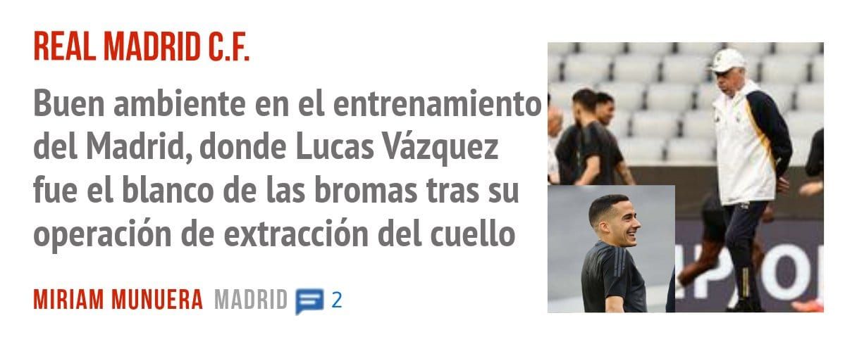 REAL MADRID C.F.. Buen ambiente en el entrenamiento del Madrid, donde Lucas Vázquez fue el blanco de las bromas tras su operación de extracción del cuello