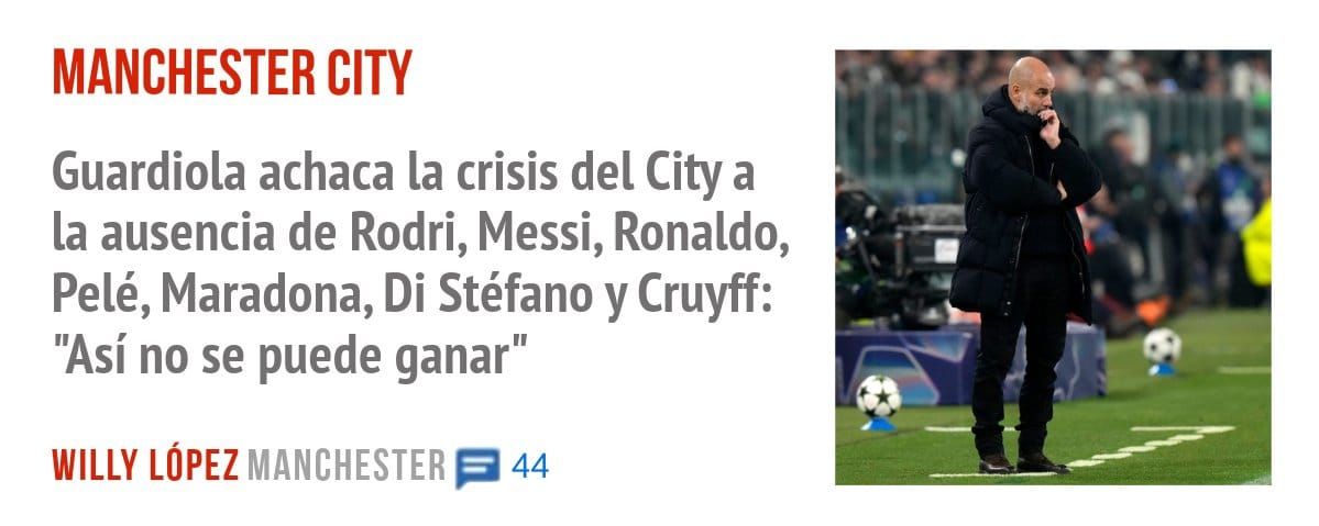 MANCHESTER CITY. Guardiola achaca la crisis del City a la ausencia de Rodri, Messi, Ronaldo, Pelé, Maradona, Di Stéfano y Cruyff: "Así no se puede ganar"