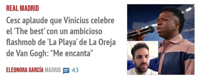 REAL MADRID. Cesc aplaude que Vinicius celebre el 'The best' con un ambicioso flashmob de 'La Playa' de La Oreja de Van Gogh: "Me encanta"