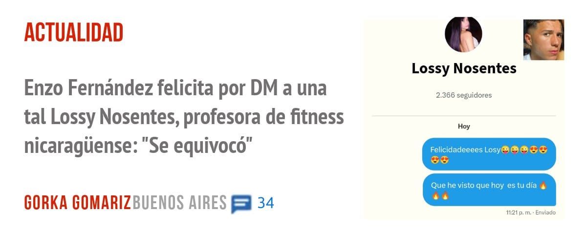 ACTUALIDAD. Enzo Fernández felicita por DM a una tal Lossy Nosentes, profesora de fitness nicaragüense: "Se equivocó"