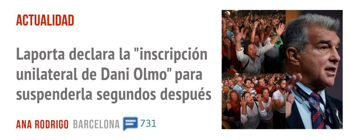 ACTUALIDAD. Laporta declara la "inscripción unilateral de Dani Olmo" para suspenderla segundos después