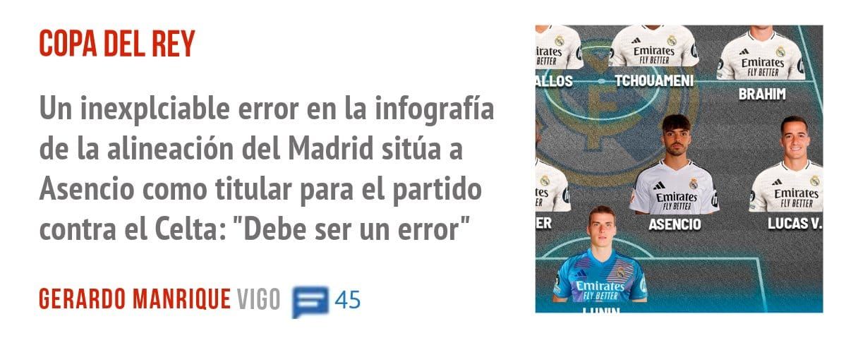 COPA DEL REY. Un inexplciable error en la infografía de la alineación del Madrid sitúa a Asencio como titular para el partido contra el Celta: "Debe ser un error"
