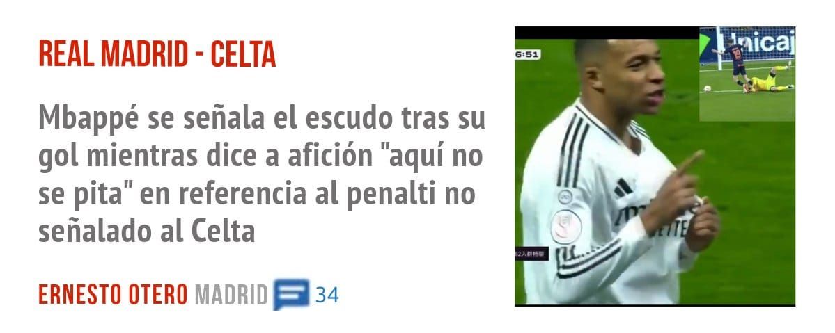 REAL MADRID - CELTA. Mbappé se señala el escudo tras su gol mientras dice a afición "aquí no se pita" en referencia al penalti no señalado al Celta