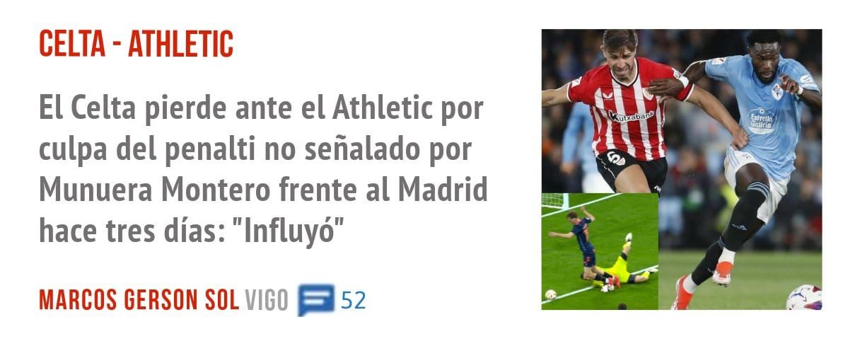 CELTA - ATHLETIC. El Celta pierde ante el Athletic por culpa del penalti no señalado por Munuera Montero frente al Madrid hace tres días: "Influyó"