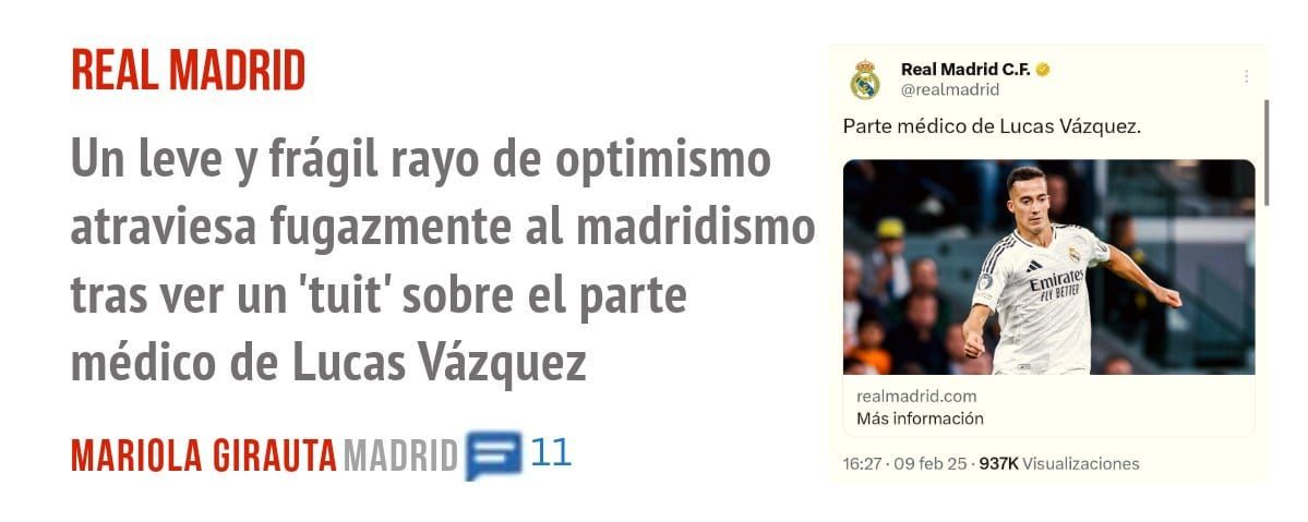 REAL MADRID. Un leve y frágil rayo de optimismo atraviesa fugazmente al madridismo tras ver un 'tuit' sobre el parte médico de Lucas Vázquez