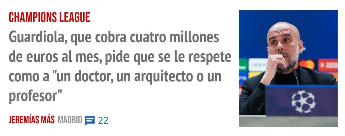 CHAMPIONS LEAGUE. Guardiola, que cobra cuatro millones de euros al mes, pide que se le respete como a "un doctor, un arquitecto o un profesor"