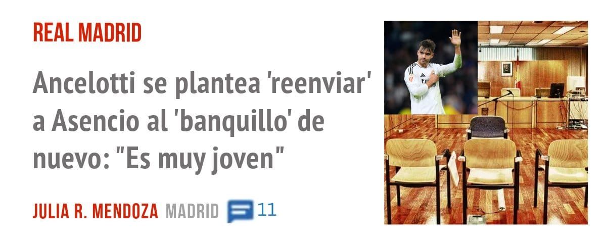 REAL MADRID. Ancelotti se plantea 'reenviar' a Asencio al 'banquillo' de nuevo: "Es muy joven"