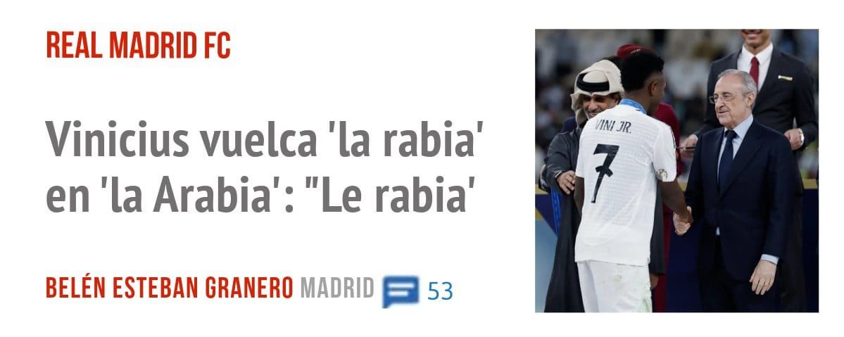 REAL MADRID FC. Vinicius vuelca 'la rabia' en 'la Arabia': "Le rabia'