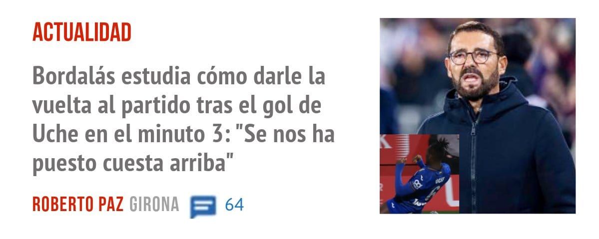 ACTUALIDAD. Bordalás estudia cómo darle la vuelta al partido tras el gol de Uche en el minuto 3: "Se nos ha puesto cuesta arriba"