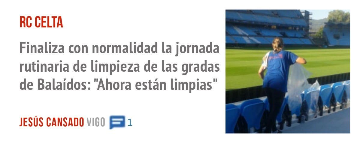 RC CELTA. Finaliza con normalidad la jornada rutinaria de limpieza de las gradas de Balaídos: "Ahora están limpias"