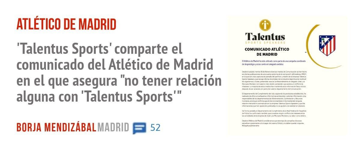 ATLÉTICO DE MADRID. 'Talentus Sports' comparte el comunicado del Atlético de Madrid en el que asegura "no tener relación alguna con 'Talentus Sports"'