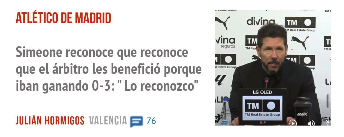 ATLÉTICO DE MADRID. Simeone reconoce que reconoce que el árbitro les benefició porque iban ganando 0-3: " Lo reconozco"