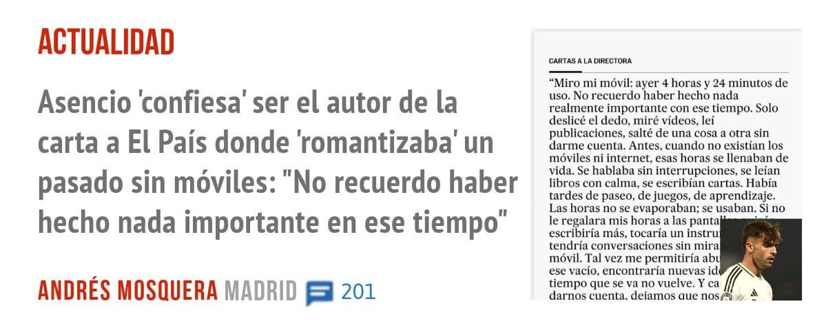 ACTUALIDAD. Asencio 'confiesa' ser el autor de la carta a El País donde 'romantizaba' un pasado sin móviles: "No recuerdo haber hecho nada importante en ese tiempo"