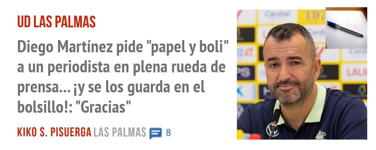 UD LAS PALMAS. Diego Martínez pide "papel y boli" a un periodista en plena rueda de prensa... se los guarda en el bolsillo!: "Gracias"