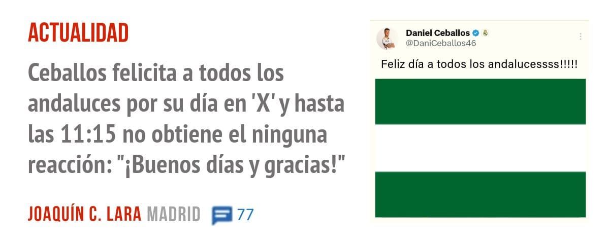 ACTUALIDAD. Ceballos felicita a todos los andaluces por su día en 'X' y hasta las 11:15 no obtiene el ninguna reacción: "i Buenos días y gracias!"