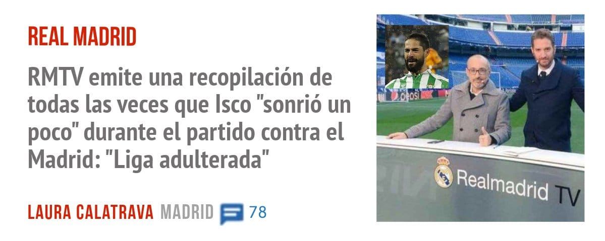 REAL MADRID. RMTV emite una recopilación de todas las veces que Isco "sonrió un poco" durante el partido contra el Madrid: "Liga adulterada"