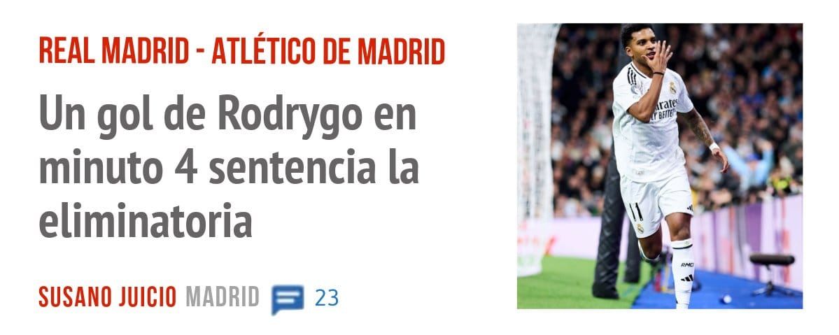 REAL MADRID - ATLÉTICO DE MADRID. Un gol de Rodrygo en minuto 4 sentencia la eliminatoria