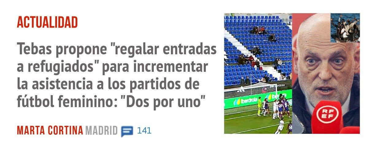 ACTUALIDAD. Tebas propone "regalar entradas a refugiados" para incrementar la asistencia a los partidos de fútbol feminino: "Dos por uno"