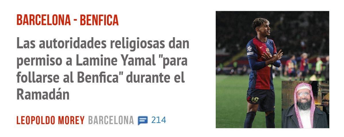 BARCELONA - BENFICA. Las autoridades religiosas dan permiso a Lamine Yamal "para follarse al Benfica" durante el Ramadán
