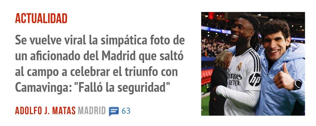 ACTUALIDAD. Se vuelve viral la simpática foto de un aficionado del Madrid que saltó al campo a celebrar el triunfo con Camavinga: "Falló la seguridad"