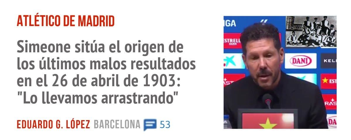ATLÉTICO DE MADRID. Simeone sitúa el origen de los últimos malos resultados en el 26 de abril de 1903: "Lo llevamos arrastrando"