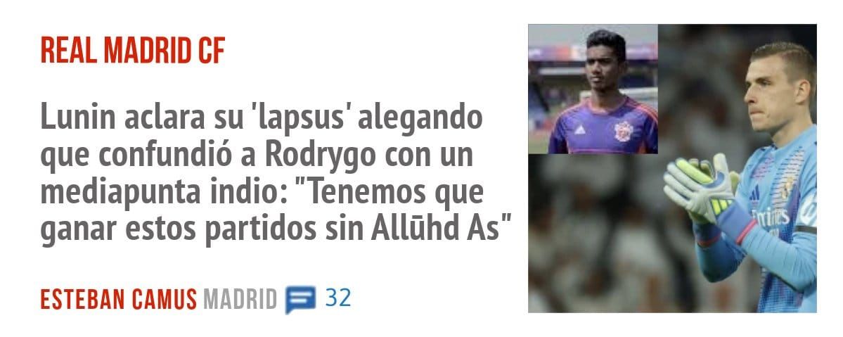 REAL MADRID CF. Lunin aclara su 'lapsus' alegando que confundió a Rodrygo con un mediapunta indio: "Tenemos que ganar estos partidos sin Allühd As"