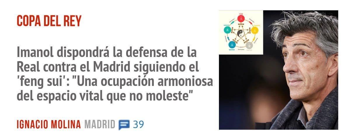 COPA DEL REY. Imanol dispondrá la defensa de la Real contra el Madrid siguiendo el 'feng sui': "Una ocupación armoniosa del espacio vital que no moleste"