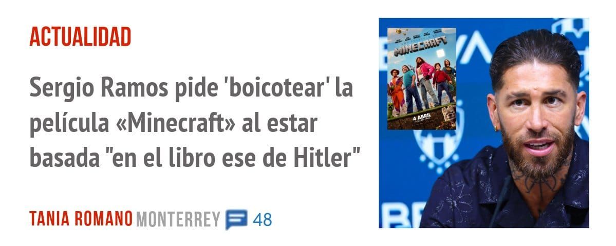 ACTUALIDAD. Sergio Ramos pide 'boicotear' la película «Minecraft» al estar basada "en el libro ese de Hitler"