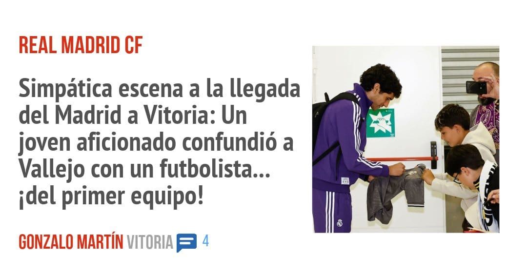 REAL MADRID CF. Simpática escena a la llegada del Madrid a Vitoria: Un joven aficionado confundió a Vallejo con un futbolista... idel primer equipo!
