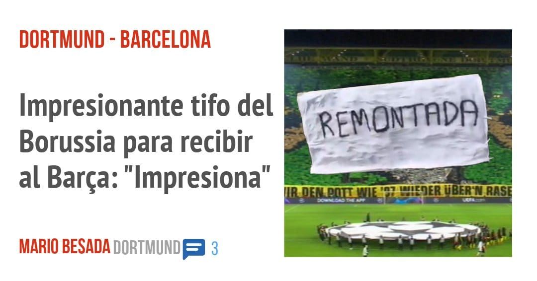 DORTMUND - BARCELONA. Impresionante tifo del Borussia para recibir al Barça: "Impresiona"