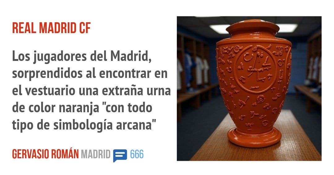 REAL MADRID CF. Los jugadores del Madrid, sorprendidos al encontrar en el vestuario una extraña urna de color naranja "con todo tipo de simbología arcana"